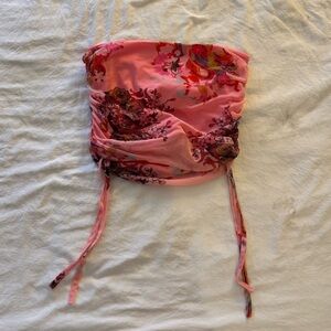 Missguided Neon Pink Dragon/Floral Print Ruched Bandeau Top | Size M | NWT